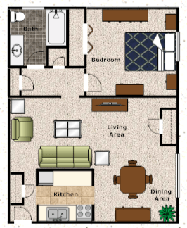 Floor plan for 1 bed, 1 bath, 700 sqft